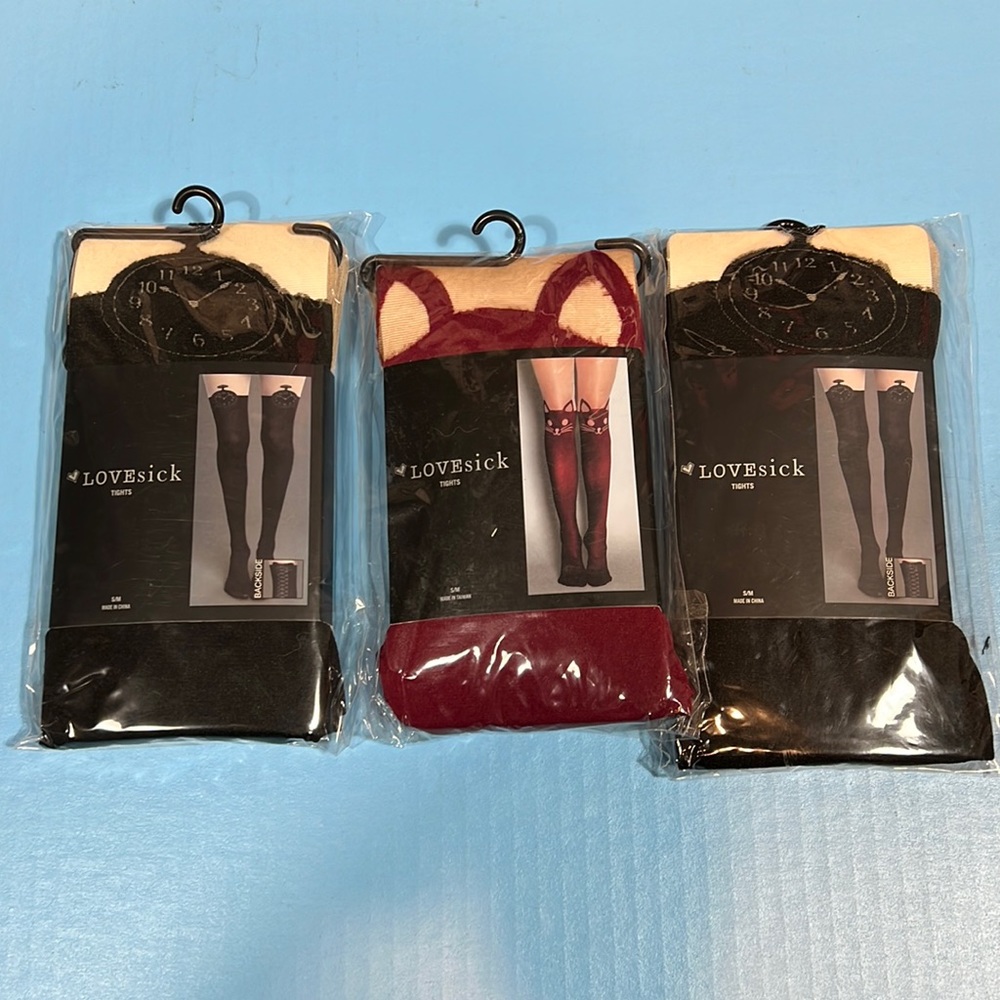 NWT Lovesick TI Black Lace Up Kitty Red Tights Small LOT of 3